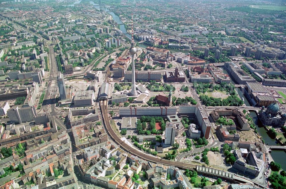 Berlin from above - View over the whole Alexanderplatz in the City-East of Berlin-Mitte. Good to see are the Nikolai Quarter, the red city hall, the television tower, which Marx and Engels Forum, the Rathauspassagen, Berlin Cathedral, the Palace of the Republic, the Museum Island, the Palace Hotel and the former Forum Hotel