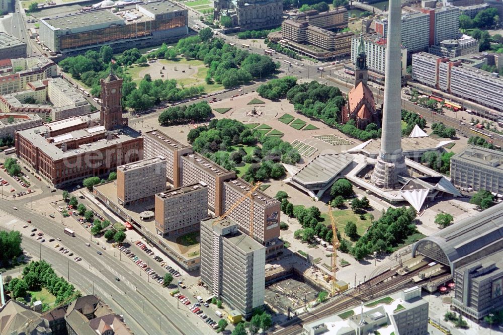 Berlin from above - View on the Alexanderplatz in the City-East of Berlin-Mitte. Good to see are the red city hall, the foot of the TV tower, the Marx and Engels Forum, the Rathauspassagen and the Palace of the Republic