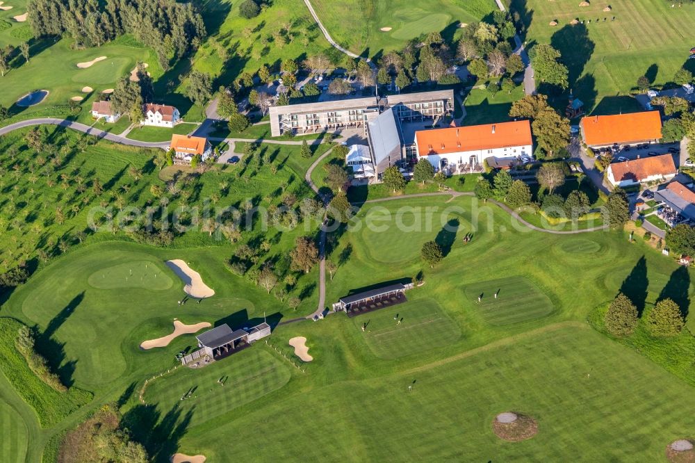 Bad Waldsee from above - Club-hous of the Golf course at of Fuerstlicher Golfclub Oberschwaben e.V. in Bad Waldsee in the state Baden-Wuerttemberg, Germany