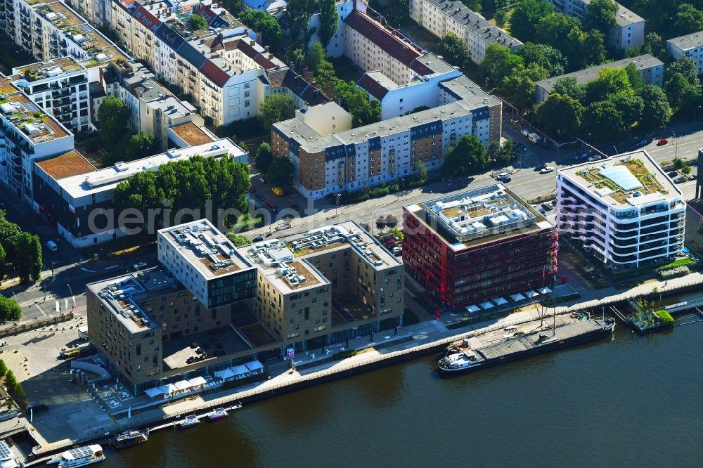 Berlin from above - Coca-Cola House and the Hotel Hotel nhow Berlin on the Stralauer Allee on the banks of the River Spree in the district of Friedrichshain in Berlin