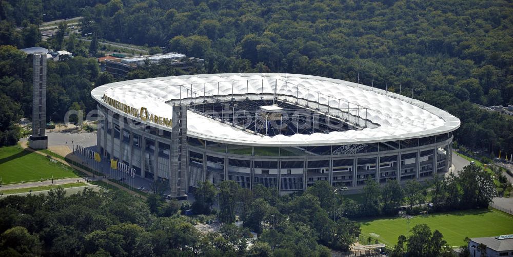 Aerial photograph Frankfurt am Main - Blick auf die Commerzbank Arena (ehem. Waldstadion) in Frankfurt. Das Stadion ist die Heimspielstätte des Fußball-Bundesligisten Eintracht Frankfurt. View of the Commerzbank Arena (formerly Waldstadion) in Frankfurt. The stadium is the home ground of the Bundesliga football team Eintracht Frankfurt.