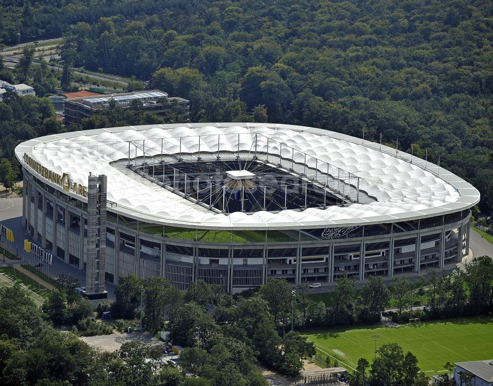 Frankfurt am Main from above - Blick auf die Commerzbank Arena (ehem. Waldstadion) in Frankfurt. Das Stadion ist die Heimspielstätte des Fußball-Bundesligisten Eintracht Frankfurt. View of the Commerzbank Arena (formerly Waldstadion) in Frankfurt. The stadium is the home ground of the Bundesliga football team Eintracht Frankfurt.