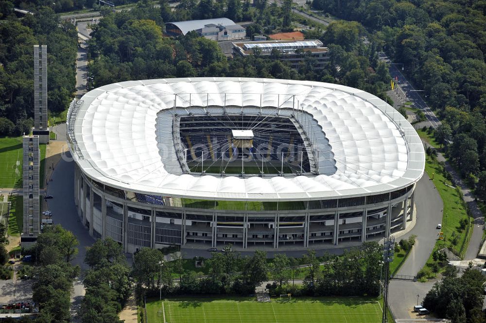 Frankfurt am Main from the bird's eye view: Blick auf die Commerzbank Arena (ehem. Waldstadion) in Frankfurt. Das Stadion ist die Heimspielstätte des Fußball-Bundesligisten Eintracht Frankfurt. View of the Commerzbank Arena (formerly Waldstadion) in Frankfurt. The stadium is the home ground of the Bundesliga football team Eintracht Frankfurt.