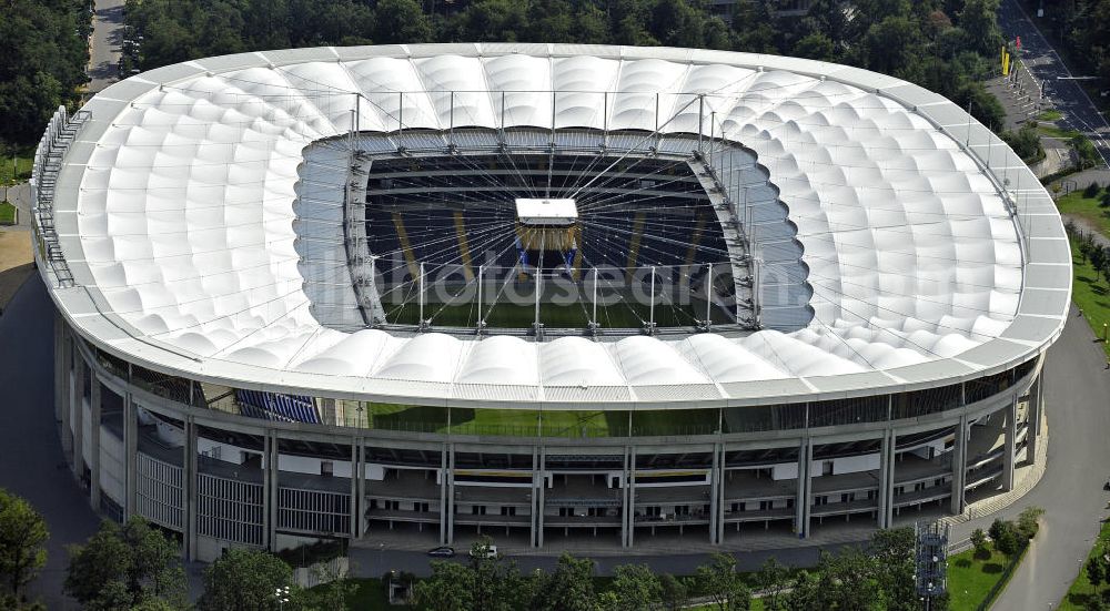 Aerial image Frankfurt am Main - Blick auf die Commerzbank Arena (ehem. Waldstadion) in Frankfurt. Das Stadion ist die Heimspielstätte des Fußball-Bundesligisten Eintracht Frankfurt. View of the Commerzbank Arena (formerly Waldstadion) in Frankfurt. The stadium is the home ground of the Bundesliga football team Eintracht Frankfurt.