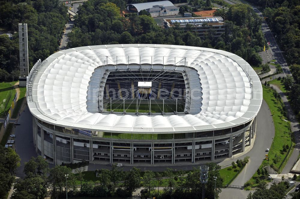 Aerial photograph Frankfurt am Main - Blick auf die Commerzbank Arena (ehem. Waldstadion) in Frankfurt. Das Stadion ist die Heimspielstätte des Fußball-Bundesligisten Eintracht Frankfurt. View of the Commerzbank Arena (formerly Waldstadion) in Frankfurt. The stadium is the home ground of the Bundesliga football team Eintracht Frankfurt.