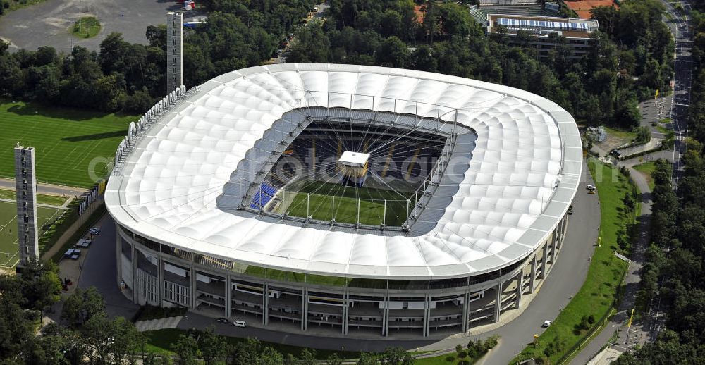 Frankfurt am Main from the bird's eye view: Blick auf die Commerzbank Arena (ehem. Waldstadion) in Frankfurt. Das Stadion ist die Heimspielstätte des Fußball-Bundesligisten Eintracht Frankfurt. View of the Commerzbank Arena (formerly Waldstadion) in Frankfurt. The stadium is the home ground of the Bundesliga football team Eintracht Frankfurt.