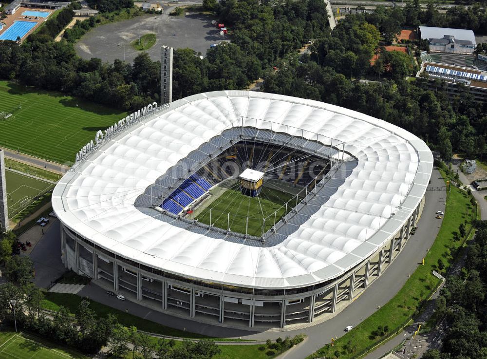 Aerial image Frankfurt am Main - Blick auf die Commerzbank Arena (ehem. Waldstadion) in Frankfurt. Das Stadion ist die Heimspielstätte des Fußball-Bundesligisten Eintracht Frankfurt. View of the Commerzbank Arena (formerly Waldstadion) in Frankfurt. The stadium is the home ground of the Bundesliga football team Eintracht Frankfurt.