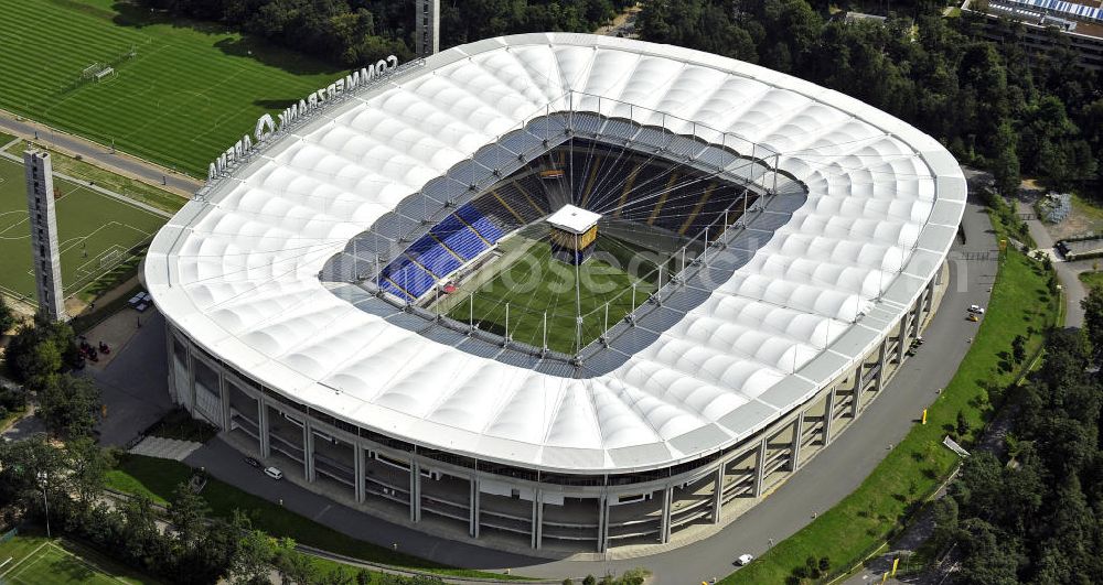 Aerial photograph Frankfurt am Main - Blick auf die Commerzbank Arena (ehem. Waldstadion) in Frankfurt. Das Stadion ist die Heimspielstätte des Fußball-Bundesligisten Eintracht Frankfurt. View of the Commerzbank Arena (formerly Waldstadion) in Frankfurt. The stadium is the home ground of the Bundesliga football team Eintracht Frankfurt.