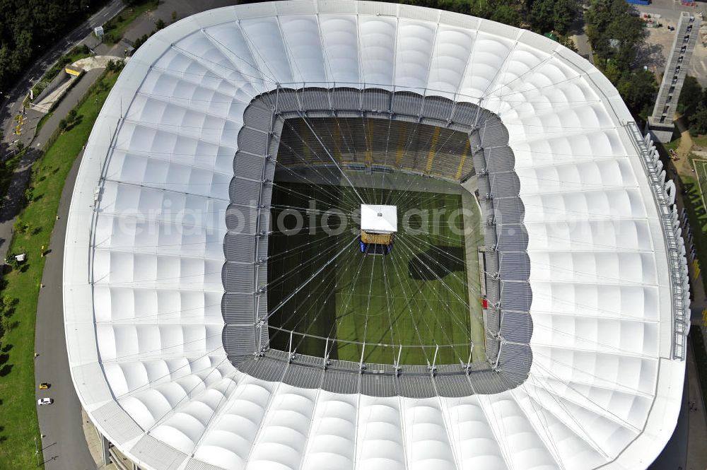 Frankfurt am Main from the bird's eye view: Blick auf die Commerzbank Arena (ehem. Waldstadion) in Frankfurt. Das Stadion ist die Heimspielstätte des Fußball-Bundesligisten Eintracht Frankfurt. View of the Commerzbank Arena (formerly Waldstadion) in Frankfurt. The stadium is the home ground of the Bundesliga football team Eintracht Frankfurt.