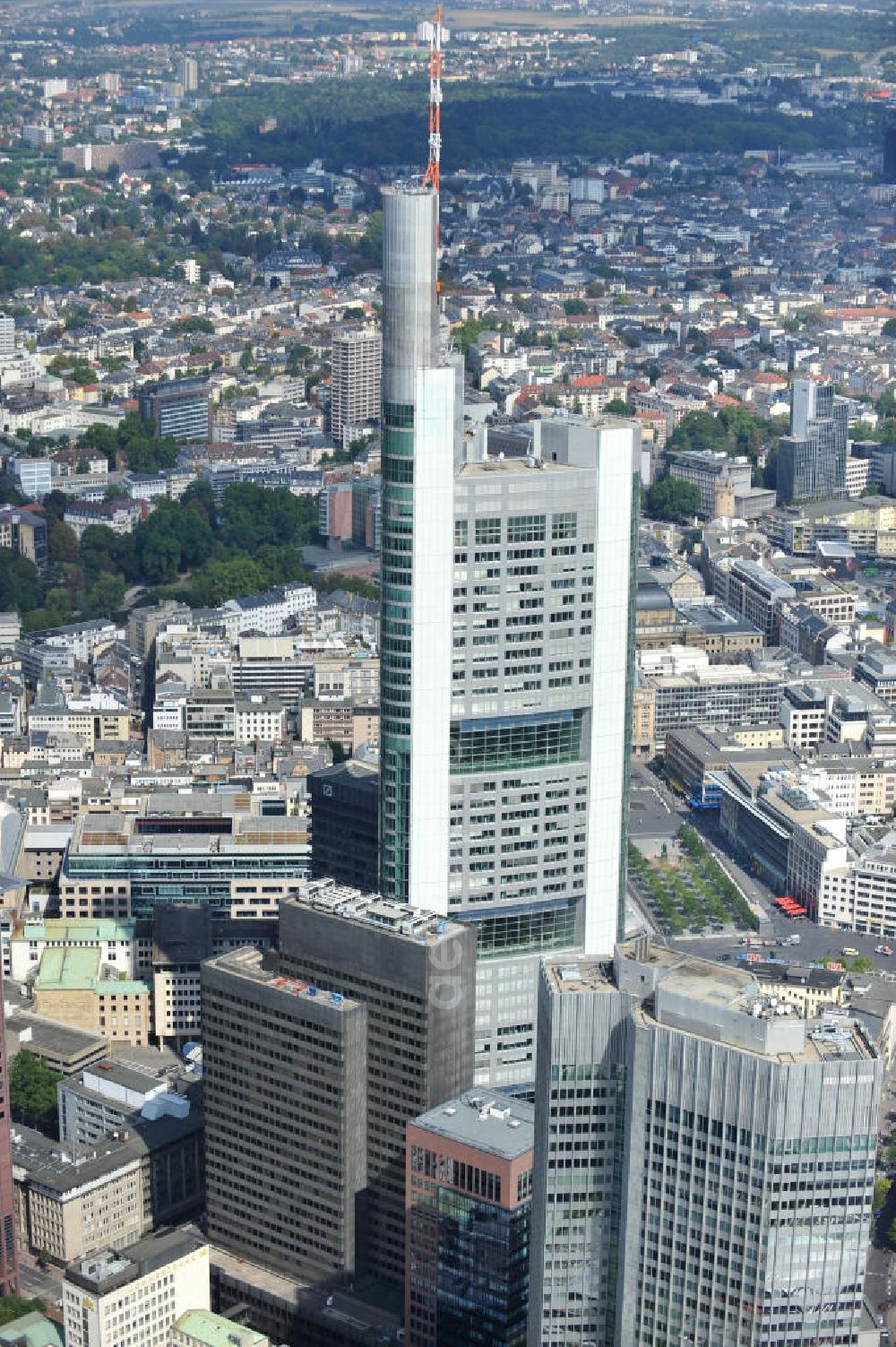 Aerial image FRANKFURT AM MAIN - Skyscraper in Frankfurt am Main which is in combination with other buildings the central of Commerzbank