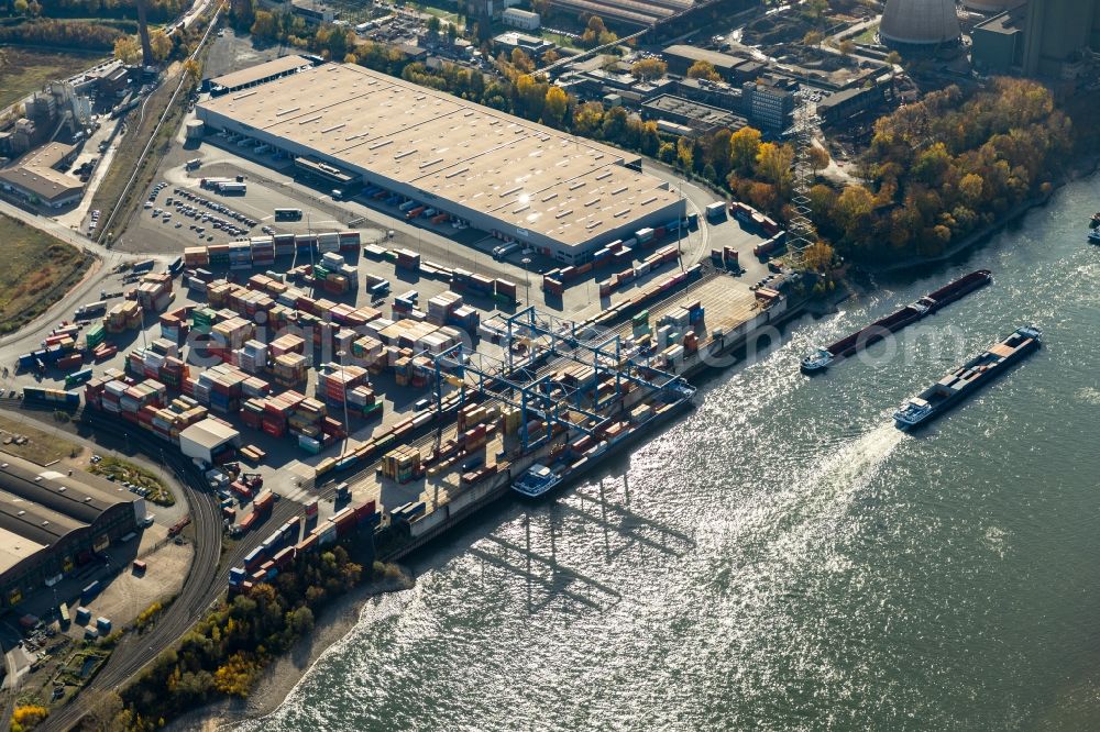 Duisburg from above - Building complex and grounds of DIT Duisburg Intermodal Terminal in the logistics center logport on the left riverbank of the Rhine in Duisburg in the state of North Rhine-Westphalia