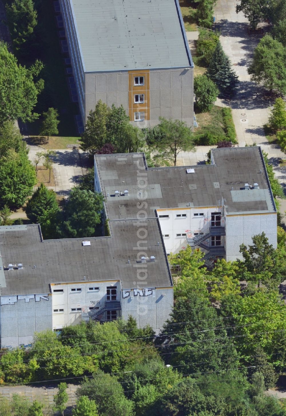 Berlin Hellersdorf from above - Container extension on the school grounds of the Melanchthon-school - high school at the Adele Sandrock Road in Berlin Hellersdorf