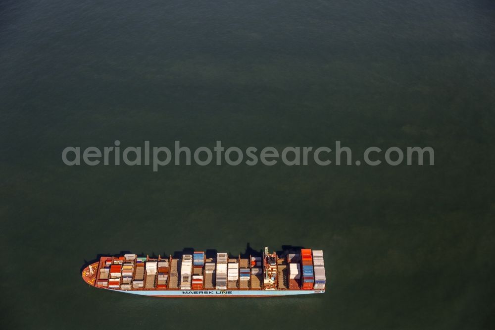 Wangerooge from above - Container cargo ship container shipping company Maersk Line off the coast of Wangerooge in the North Sea in Lower Saxony