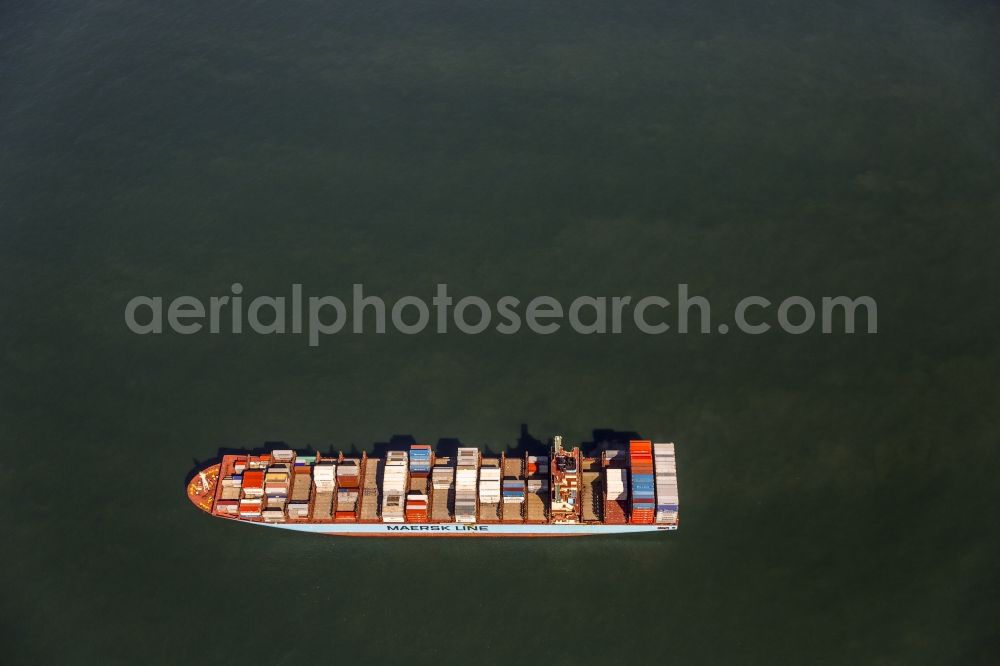 Wangerooge from the bird's eye view: Container cargo ship container shipping company Maersk Line off the coast of Wangerooge in the North Sea in Lower Saxony