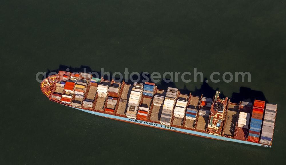 Aerial photograph Wangerooge - Container cargo ship container shipping company Maersk Line off the coast of Wangerooge in the North Sea in Lower Saxony