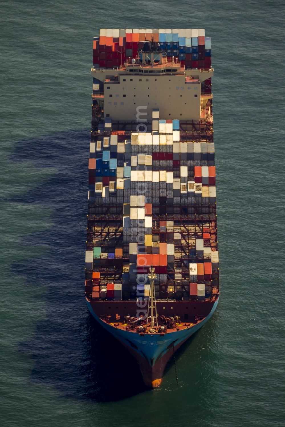 Wangerooge from the bird's eye view: Container cargo ship container shipping company Maersk Line off the coast of Wangerooge in the North Sea in Lower Saxony