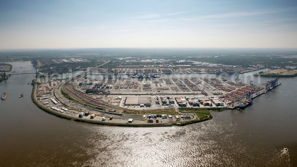 Aerial image Hamburg - Container Terminal Burchardkai on the south bank of the Norderelbe owned by the company HCCR in Hamburg. The terrain is further used by the Polzug GmbH, which takes care of the transport of containers by rail