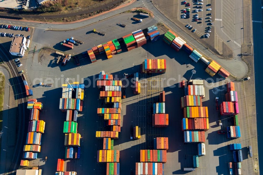 Duisburg from the bird's eye view: Container terminal center in Duisburg in the state North Rhine-Westphalia, Germany