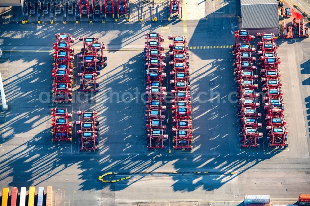 Aerial image Hamburg - Container terminal with pallet truck from Eurogate in the Waltershof district in Hamburg, Germany