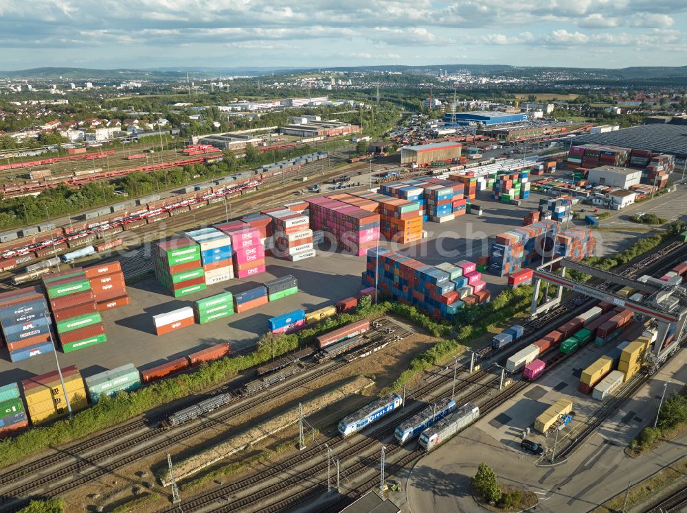 Kornwestheim from the bird's eye view: Container terminal in the GVZ freight transport center of DB Intermodal Service GmbH on street Am Containerbahnhof in the district Stammheim in Kornwestheim in the state Baden-Wuerttemberg, Germany