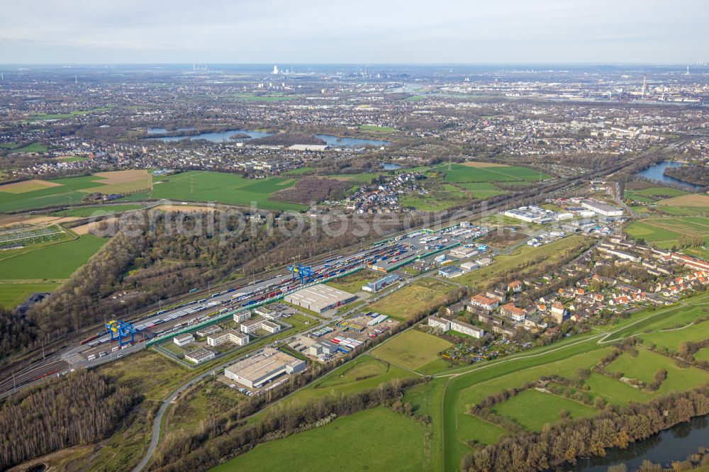 Duisburg from above - Container terminal center in the district Friemersheim in Duisburg at Ruhrgebiet in the state North Rhine-Westphalia, Germany