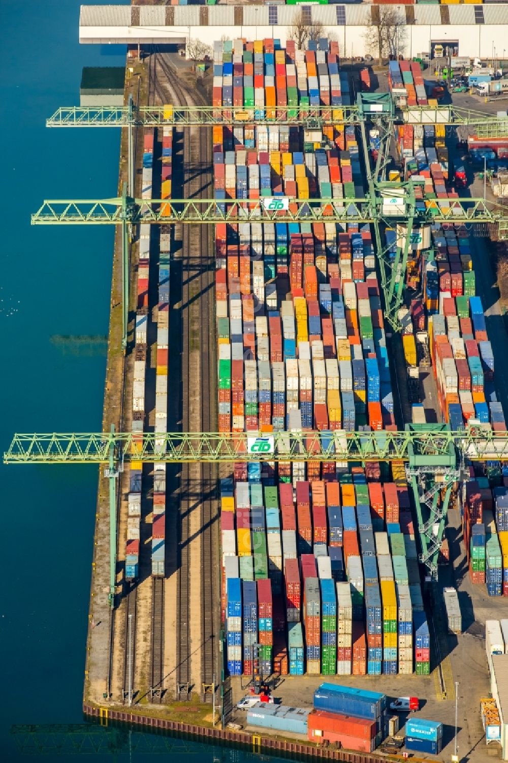 Dortmund from the bird's eye view: Containers - Terminal - and loading dock in the Port of Dortmund in Dortmund in North Rhine-Westphalia. Europe's largest canel port is an urban logistics center and industrial area, which is operated by the Port of Dortmund Ltd