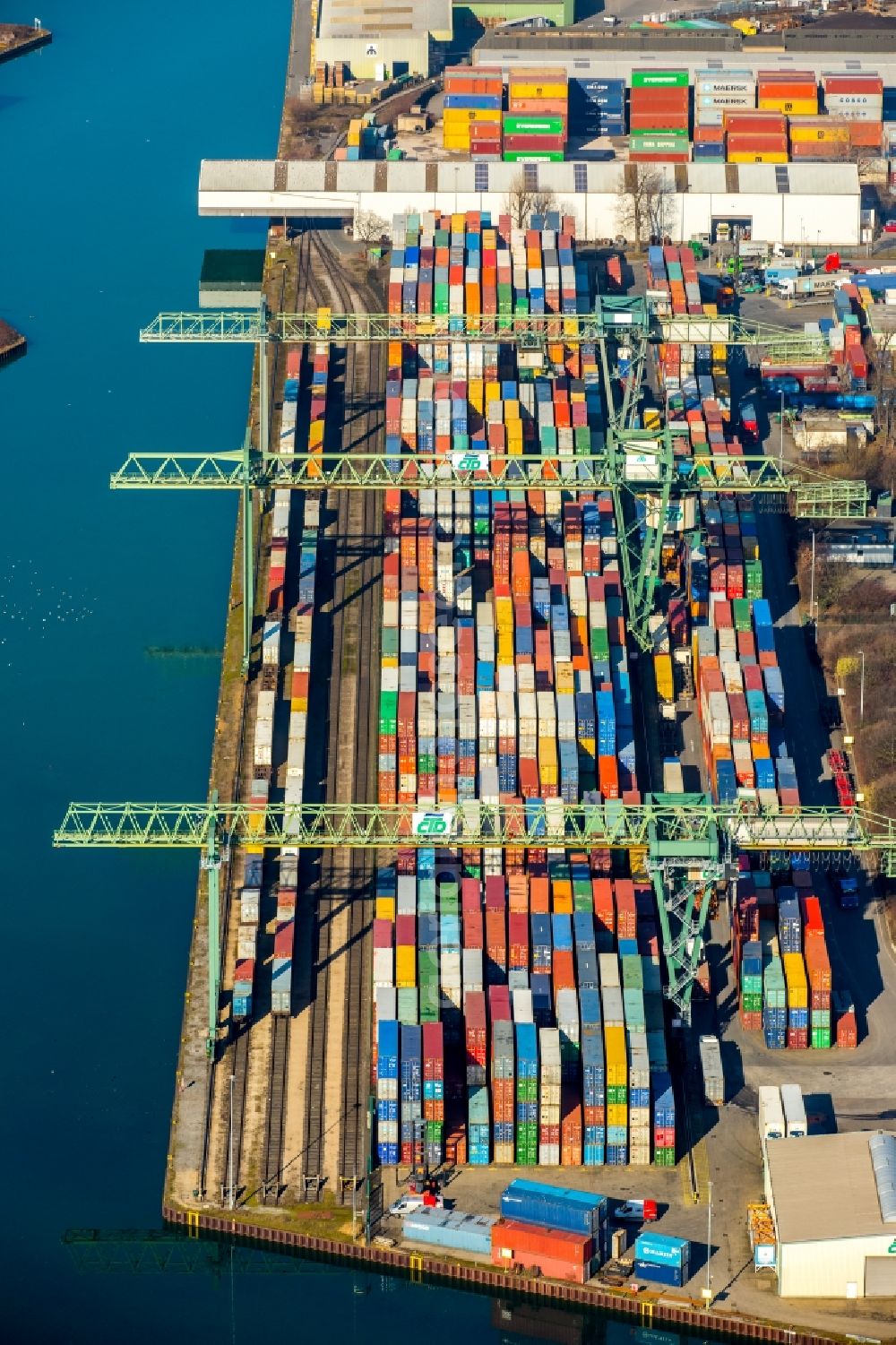 Aerial image Dortmund - Containers - Terminal - and loading dock in the Port of Dortmund in Dortmund in North Rhine-Westphalia. Europe's largest canel port is an urban logistics center and industrial area, which is operated by the Port of Dortmund Ltd