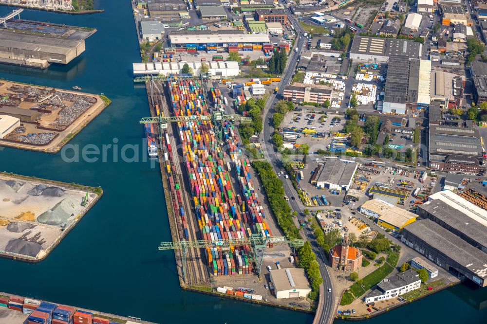 Aerial photograph Dortmund - Container - terminal - and loading station in the port of Dortmund in Dortmund in the Ruhr area in the state of North Rhine-Westphalia, Germany