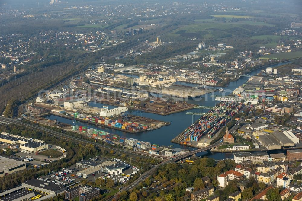 Dortmund from the bird's eye view: The district Hafen is a logistics and industrial area with inland port. Production of building materials and transshipment of cargo and ship containers. The area is located in the district of Downtown North in Dortmund in North Rhine-Westphalia