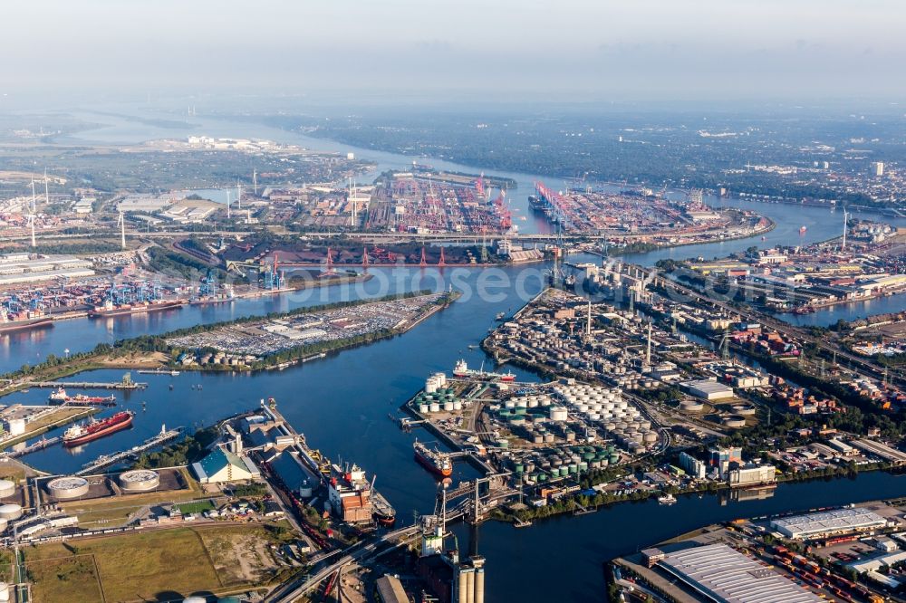 Hamburg from the bird's eye view: Container Terminal in the port of Waltershofer behind a Island with BLG Car-Terminal Hamburg GmbH & Co. KG in Hamburg, Germany