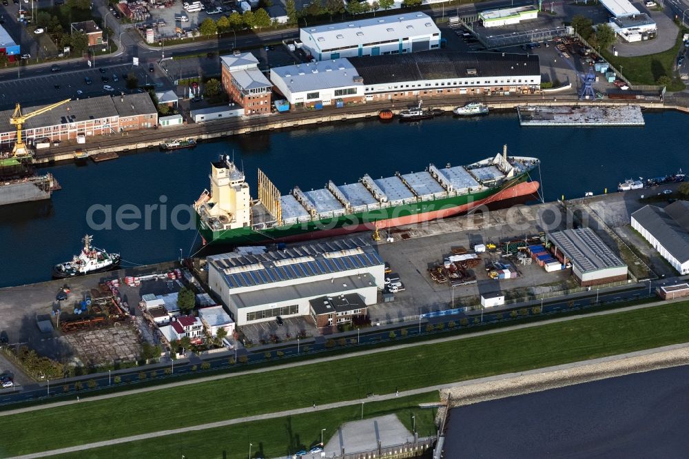 Aerial image Bremerhaven - Container ship von Harren&Partner in the port in Bremerhaven in the state Bremen, Germany