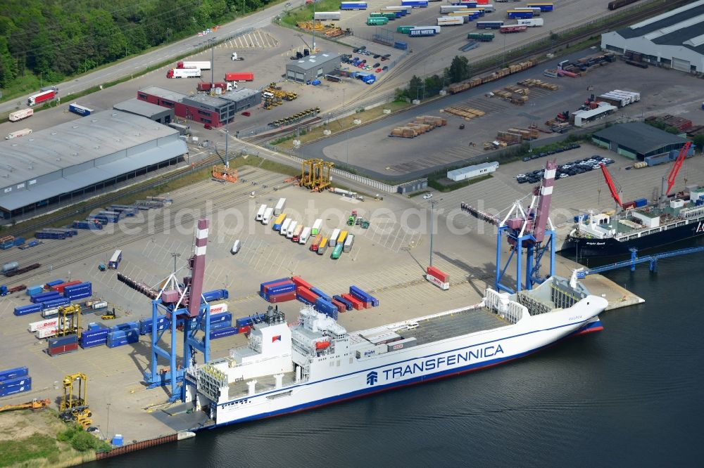 Aerial image Lübeck - Container ship der Reederei Spliethoffs Bevrachtungskantoor BV in the port of Luebeck in the state Schleswig-Holstein