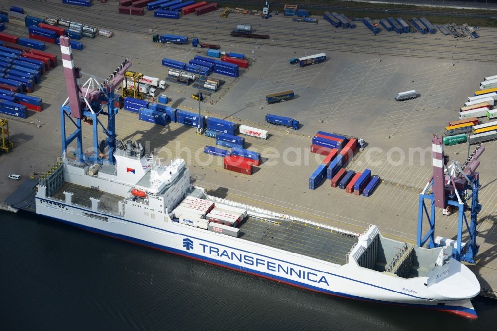 Aerial image Lübeck - Container ship der Reederei Spliethoffs Bevrachtungskantoor BV in the port of Luebeck in the state Schleswig-Holstein