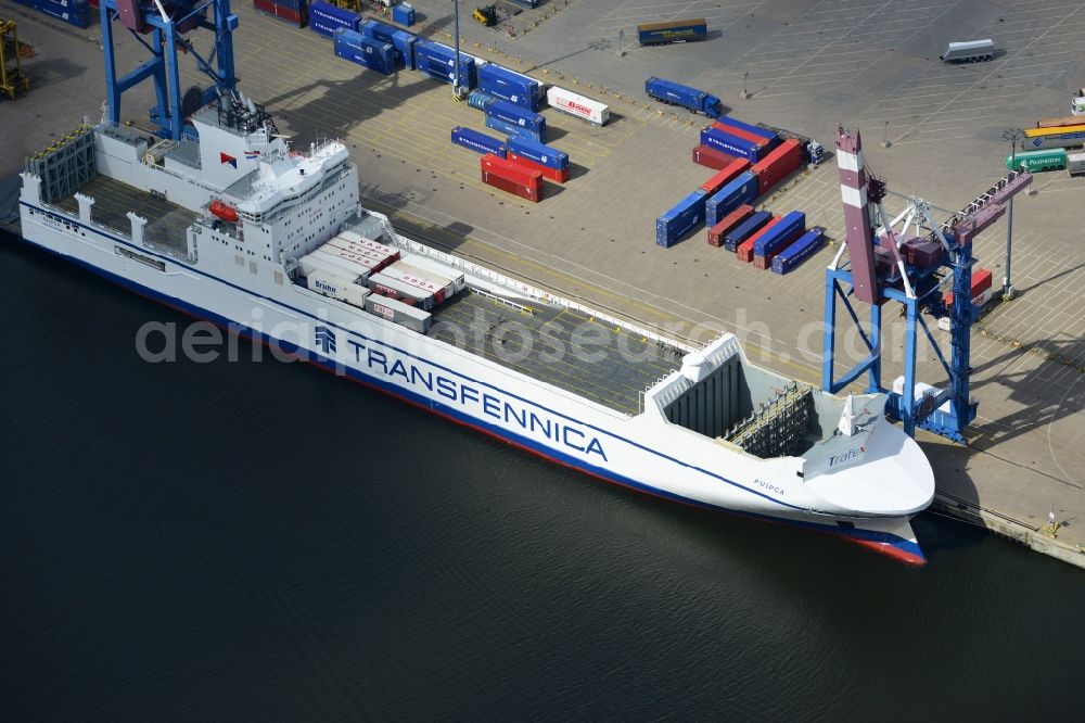 Aerial photograph Lübeck - Container ship der Reederei Spliethoffs Bevrachtungskantoor BV in the port of Luebeck in the state Schleswig-Holstein