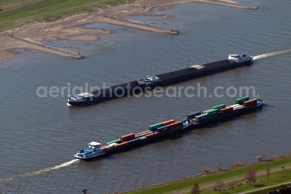 Duisburg from the bird's eye view: View of containerships on the Rhine in Duisburg in the state North Rhine-Westphalia