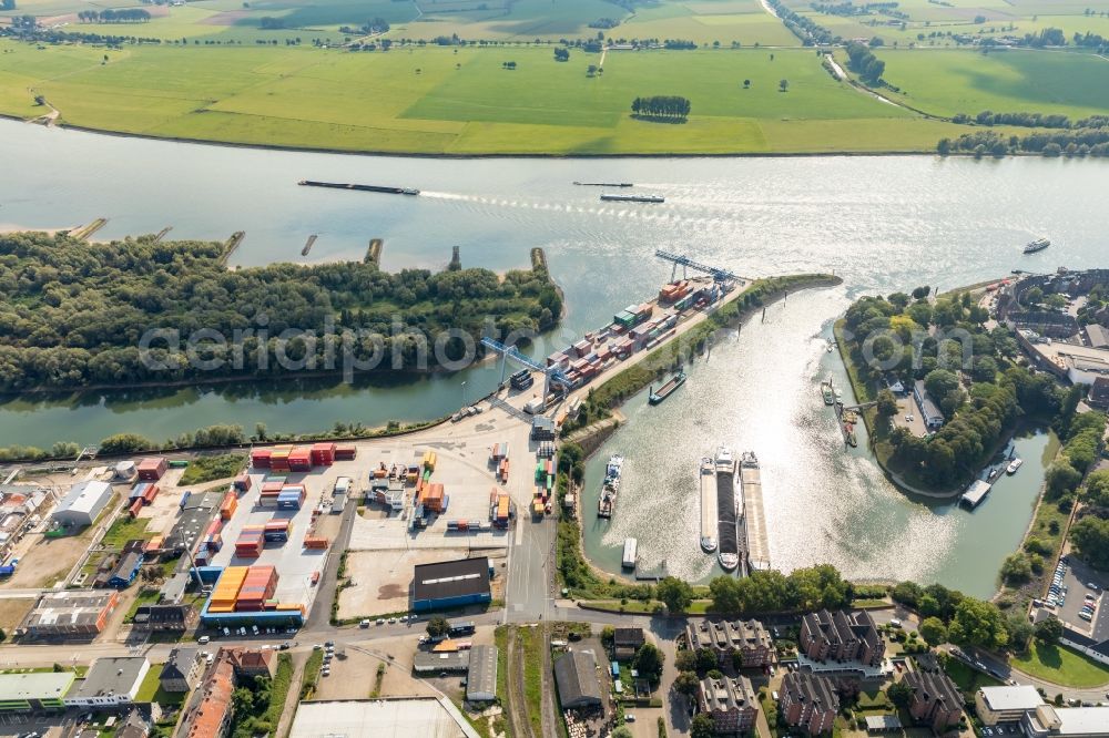 Emmerich am Rhein from above - Container terminal Rhein-Waal-Terminal of the inland port in Emmerich am Rhein in the state of North Rhine-Westphalia, Germany