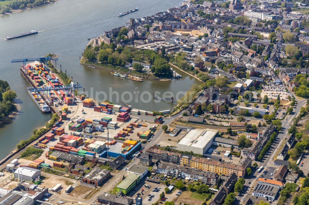 Emmerich am Rhein from above - Container terminal Rhein-Waal-Terminal of the inland port in Emmerich am Rhein in the state of North Rhine-Westphalia, Germany