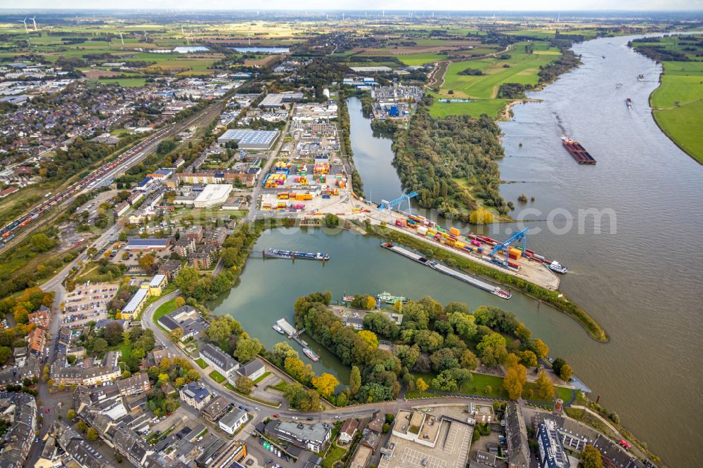 Emmerich am Rhein from the bird's eye view: Container terminal Rhein-Waal-Terminal of the inland port in Emmerich am Rhein in the state of North Rhine-Westphalia, Germany