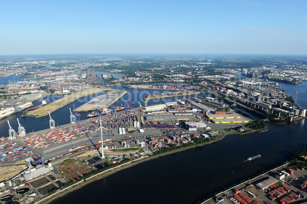 Hamburg from above - Container Terminal in the port of the international port Container Terminal and sewage works Koehlbrandhoeft Tollerort in Hamburg