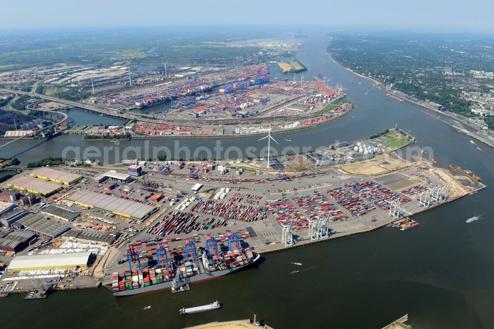 Hamburg from the bird's eye view: Container Terminal in the port of the international port DCP Dettmer Container Packing GmbH & Co. Kommanditgesellschaft Am Vulkanhafen in Hamburg in Hamburg, Germany