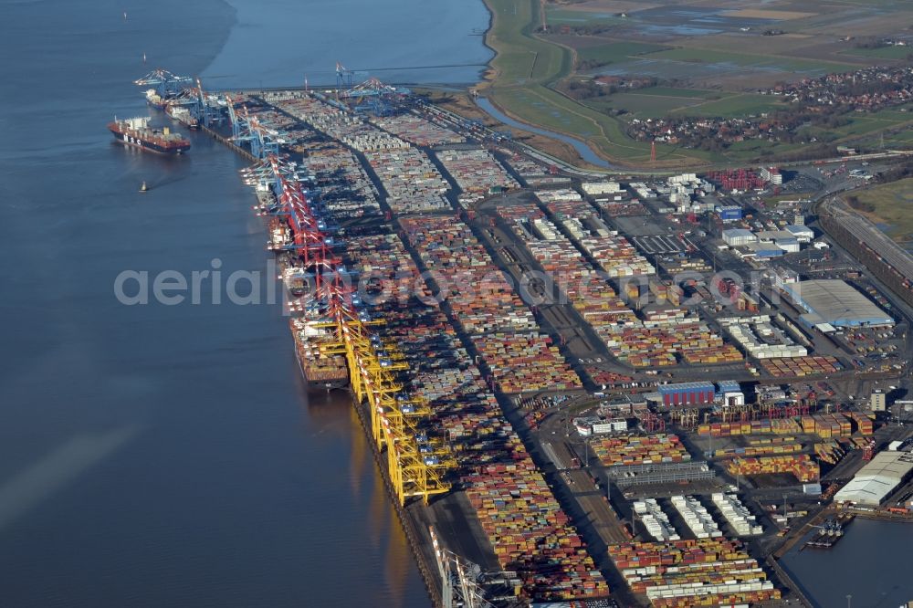 Aerial photograph Bremerhaven - Container Terminal in the port of the international port along the Senator-Bortscheller-Strasse in the district Weddewarden in Bremerhaven in the state Bremen, Germany