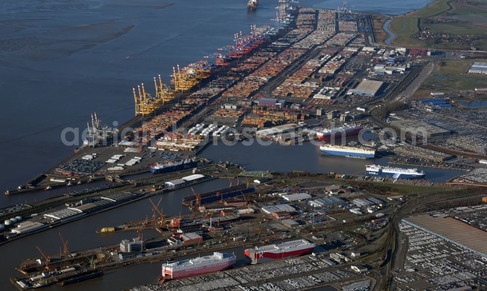 Aerial image Bremerhaven - Container Terminal in the port of the international port along the Senator-Bortscheller-Strasse in the district Weddewarden in Bremerhaven in the state Bremen, Germany