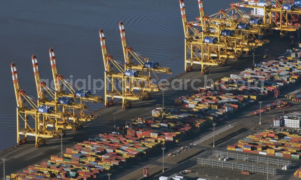 Aerial photograph Bremerhaven - Container Terminal in the port of the international port along the Senator-Bortscheller-Strasse in the district Weddewarden in Bremerhaven in the state Bremen, Germany