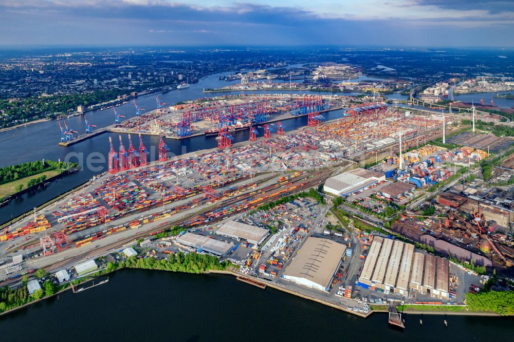 Aerial photograph Hamburg - Container Terminal in the port of the international port of the EUROGATE Container Terminal Hamburg GmbH im Morgennebel in Hamburg