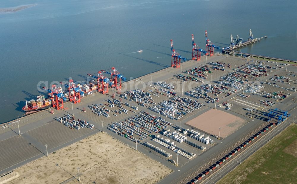 Aerial photograph Wilhelmshaven - Container Terminal in the port of the international port JadeWeserPort in Wilhelmshaven in the state Lower Saxony, Germany