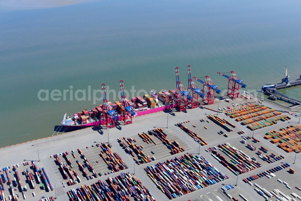 Aerial image Wilhelmshaven - Container Terminal in the port of the international port JadeWeserPort in Wilhelmshaven in the state Lower Saxony, Germany