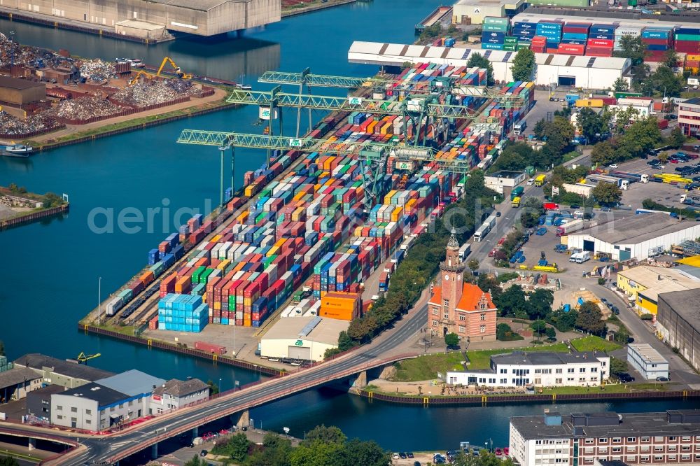 Dortmund from above - Container Terminal in the port of the inland port Containerhafen Dortmund mit Altem Hafenamt in Dortmund in the state North Rhine-Westphalia