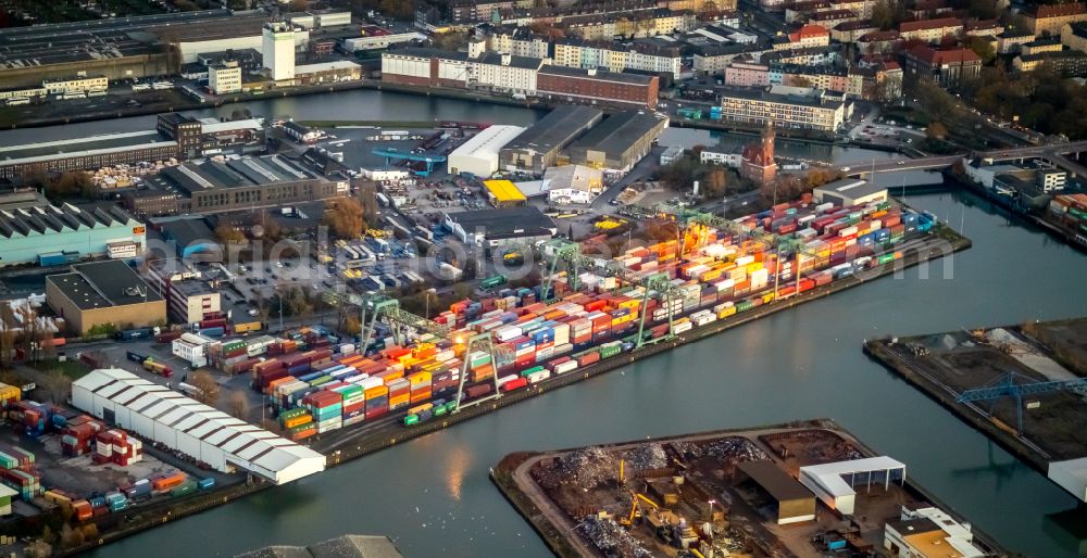 Dortmund from above - Container Terminal in the port of the inland port Containerhafen Dortmund mit Altem Hafenamt in Dortmund in the state North Rhine-Westphalia