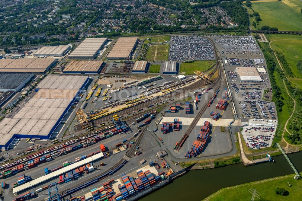 Duisburg from above - Container Terminal in the port of the inland port of DIT Duisburg Intermodal Terminal GmbH on Gaterweg in Duisburg in the state North Rhine-Westphalia