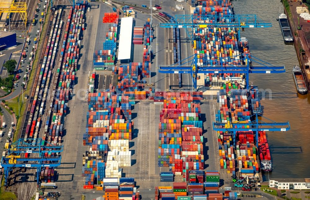 Duisburg from above - Container Terminal in the port of the inland port of DIT Duisburg Intermodal Terminal GmbH on Gaterweg in Duisburg in the state North Rhine-Westphalia